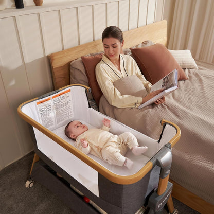 babyboat Baby Bassinet Bedside Sleeper 3 in 1 Collapsible Portable Crib with Storage Basket, Movable Wheels 5 Height Adjustable Co-Sleeper for Newborns - Grey | Soft Mattress, Collapsible Portable