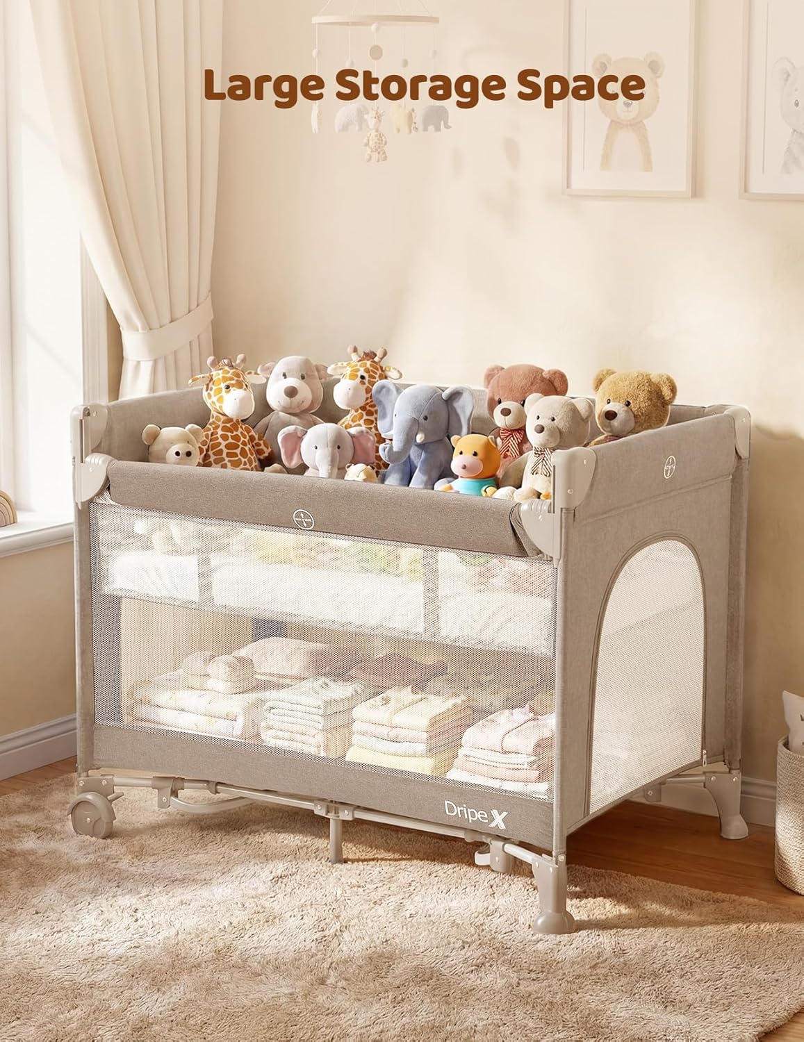 Dripex 5 in 1 Pack n Play Bedside Sleeper, 2-Level Height Baby Crib, Storage Pocket & Breathable Mesh - Foldable Portable Baby Bedside Bassinet for 0 to 12 Months (Travel/Home), Dark Grey