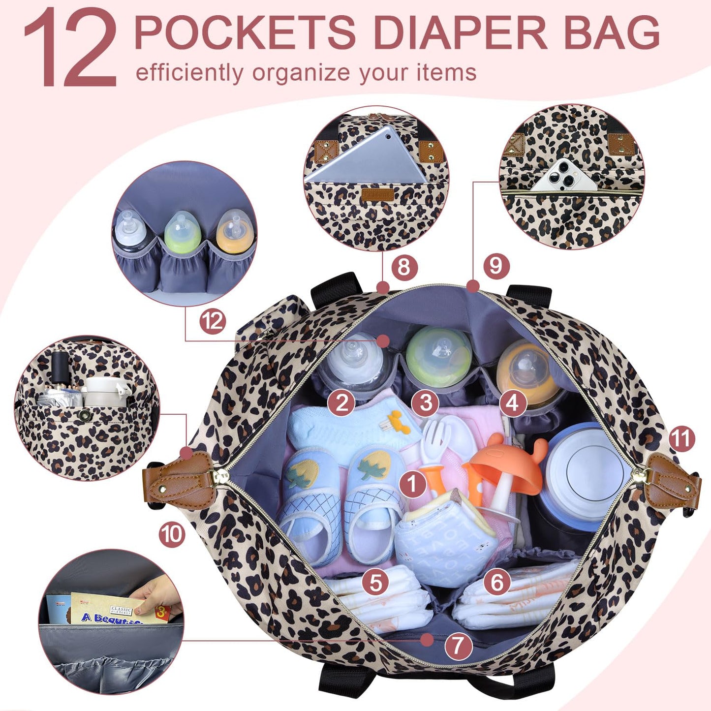 Pritent Diaper Bag Tote - Diaper Baby Bags with Pacifier Case, Shoulder Straps, Stroller Clips, Waterproof Large Mommy Maternity Travel Baby Bag for Mom and Dad, Green, Medium