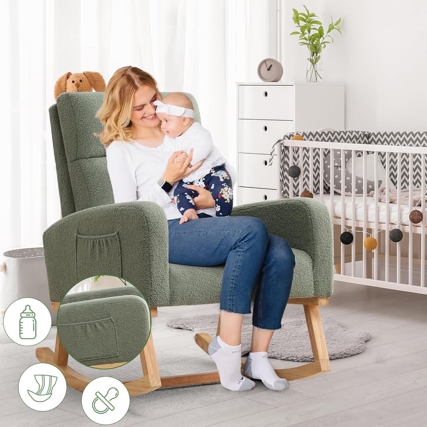 HCHAIRH Rocking Chair Nursery, Upholstered Fabricr Nursing Rocking Chairs with Soft High Back, Modern Nursery Glider Rocker for Mom Living Room, Bedroom, Camel