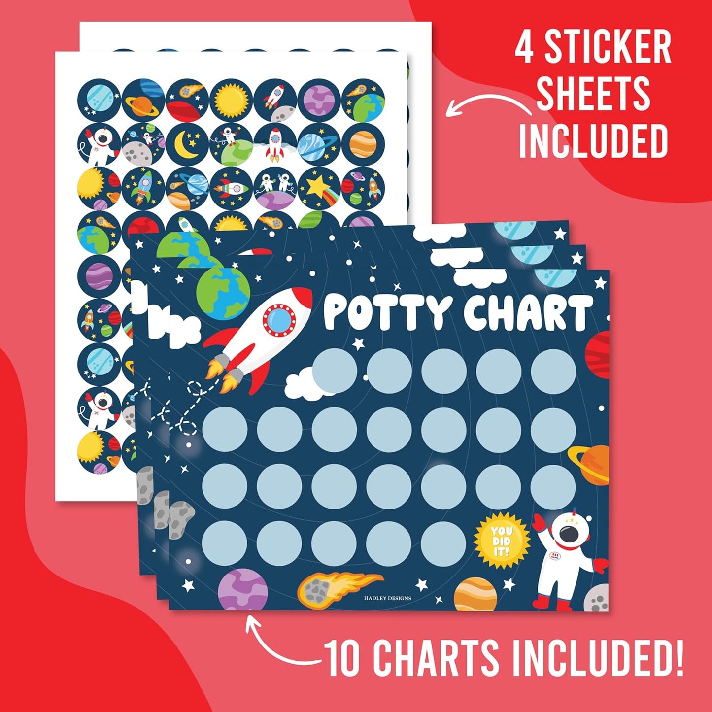 Hadley Designs Potty Training Chart for Toddlers Boys -10 Sticker Potty Chart for Toddlers Boys, 8.5x11" Potty Training Sticker Charts for Toilet Success, Monster Truck Toddler Reward Chart for Kids