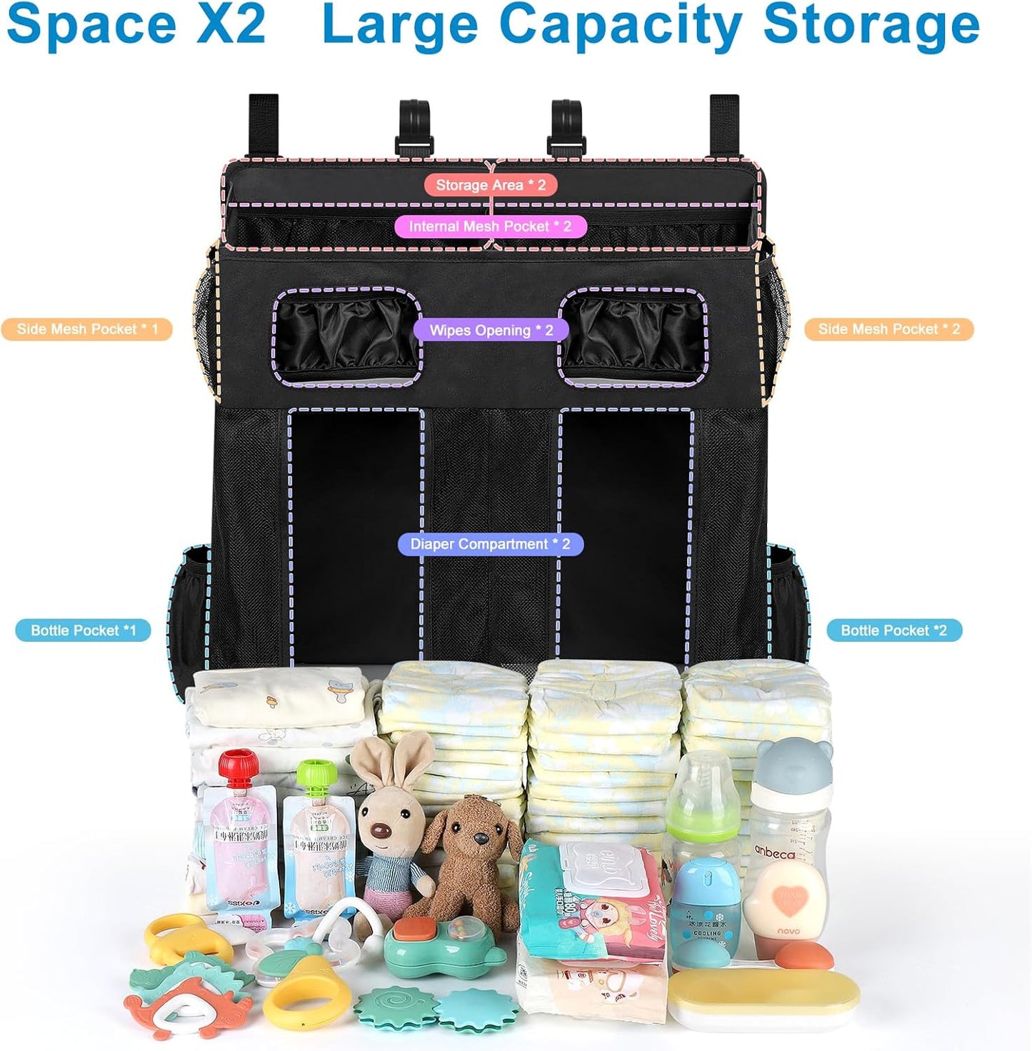 Accmor Hanging Baby Diaper Caddy Organizer, Diaper Stacker, Baby Crib Hanging Classified Storage Bag Organizer for Changing Table, Crib, Playard or Wall & Nursery Organization, Grey