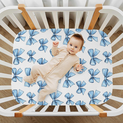 Fitted Crib Sheets Pink Checkered and Bows Stretchy Portable Playard Sheets for Baby Toddler, Breathable Soft Mini Crib Mattress 39 x 27 in for Boys and Girls