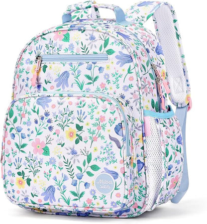 mibasies Kids Backpack for Girls: Girls Backpack 5-8 - Kindergarten Elementary School Bookbag for Girl - Floral Sky Blue