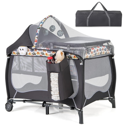 HONEY JOY Pack and Play with Bassinet, 4-in-1 Portable Baby Playard with Changing Table, Net & Cute Toys, Diaper Storage Bag, Music Box, Wheels with Brake, Foldable Newborn Play Yard w/Carry Bag