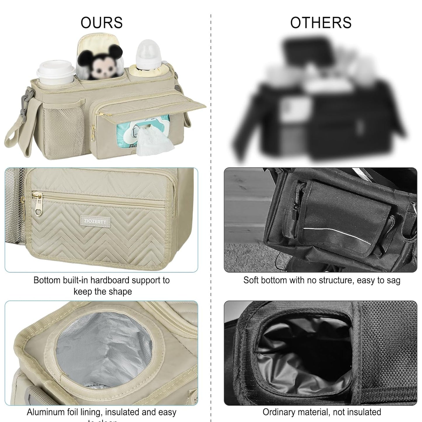 Universal Stroller Organizer with Insulated Cup Holders,Large Capacity Non-Slip Stroller Caddy Bag Fits for Uppababy/Doona/Jogger/Britax/Mompush/BoB with Anti-Sag Hard Bottom and Wet Wipes Pocket