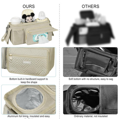 Universal Stroller Organizer with Insulated Cup Holders,Large Capacity Non-Slip Stroller Caddy Bag Fits for Uppababy/Doona/Jogger/Britax/Mompush/BoB with Anti-Sag Hard Bottom and Wet Wipes Pocket