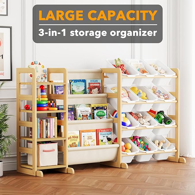 SpaceAid 3-in-1 Toy Storage Organizer with 4 Shelves and 12 Bins, Toy Organizers Storage 3-Tier Bookshelf, Kids Bin Shelf Box Bookcase for Bedroom Playroom Organization Room Decor, White
