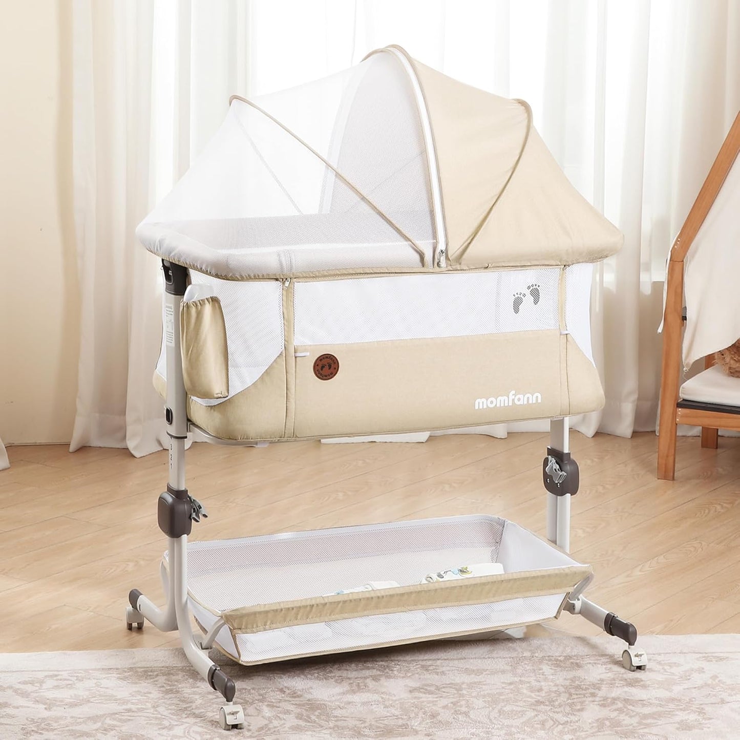 MOMFANN Baby Bassinet Bedside Sleeper, Upgraded Stability Bedside Crib with Full Mesh Sides, Soft Sheet, 6-Height Adjustment, Storage Basket, Easy Folding Portable Bassinet for Newborns, Gray