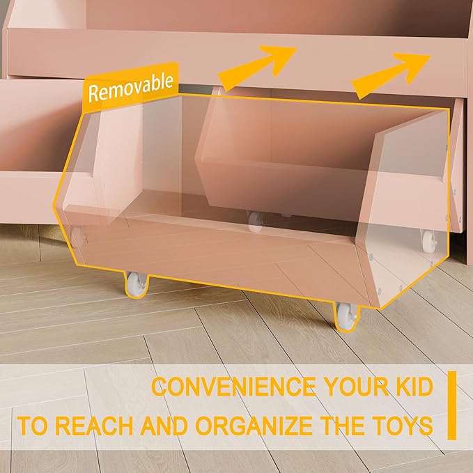 Fulhope Toy Storage Organizer for Kids, Toy Storage Cabinet with Drawers, Boys and Girls Toy Shelf with Wheels, Toy Organizer Kids Bookshelf with Storage for Nursery, Playroom, Bedroom (Light Pink)