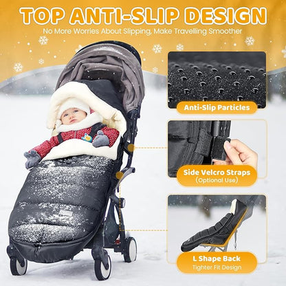 IvyWind Stroller Footmuff, Baby Winter Stroller Bunting Bag with Removable Zipper, Universal Warm Sleeping Bag for Cold Weather, Waterproof & Cozy Fleece Lining for Toddler Infant Kids, Black