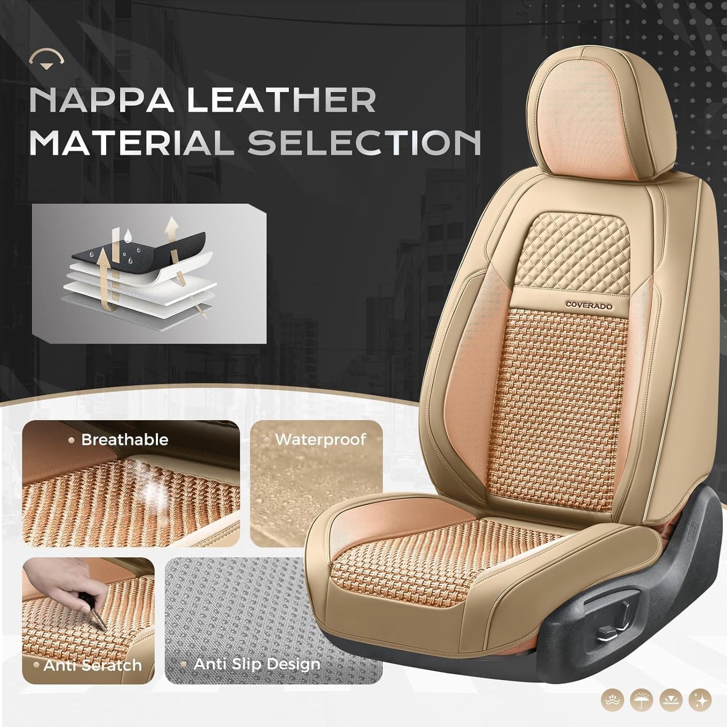 Coverado Leather Seat Covers for Car, Waterproof Car Seat Covers Full Set, 2 in 1 Conversions Car Seat Cover Protector Car Accessories Universal Fit for Most Cars SUVs and Trucks Beige