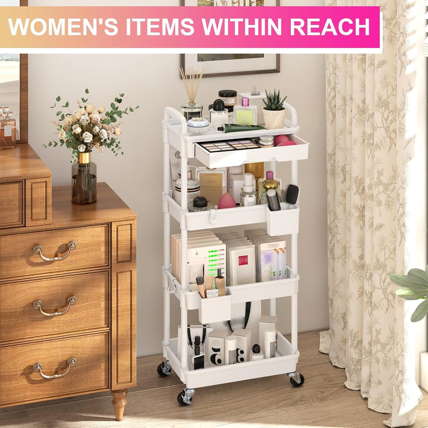 Goovilla 3 Tier Rolling Utility Cart Organizer with Removable Drawer, Stable and Sturdy White Rolling Storage Carts with 2 Lockable Wheels for Bathroom, Kitchen, Snack, Craft, Makeup, Baby Essentials