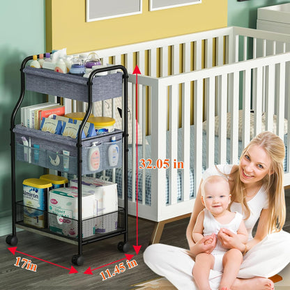3-Tier Baby Diaper Caddy Cart Organizer,Mobile Nursery Storage Carts with Wheels,With 2 Dividers&14 Mesh Pockets Durable Metal Utility Cart for Nursery, Bedroom, Bathroom, Baby Essentials Organization