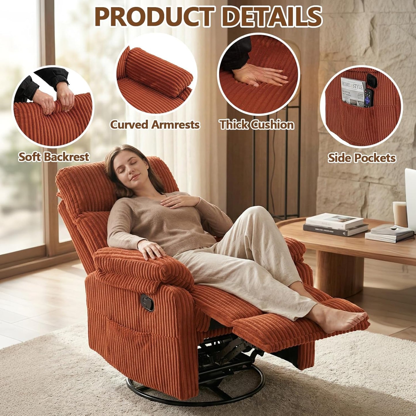 Manual Small Recliner Rocking Chair for Nursery/Relaxation, Corduroy Swivel Glider Recliner for Living Room Bedroom, Brown Rocking Chair Nursery Recliners for Small Spaces, Side Pockets (Brown)