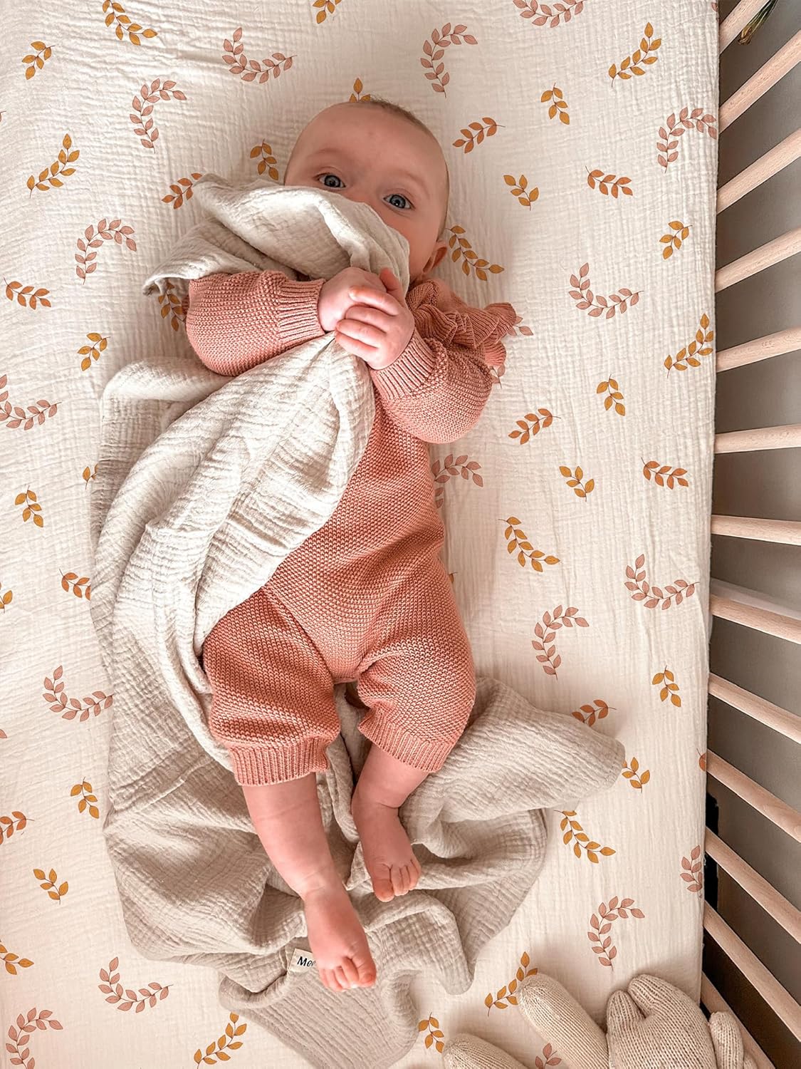 Muslin Bedside Bassinet Sheets 2 Pack, 33x20 Fitted Ultra Soft & Breathable Bedside Sleeper Sheets, Ideal for Baby Girl and Boy, Perfect for Newborns (Hopping Bunnies & Beige)