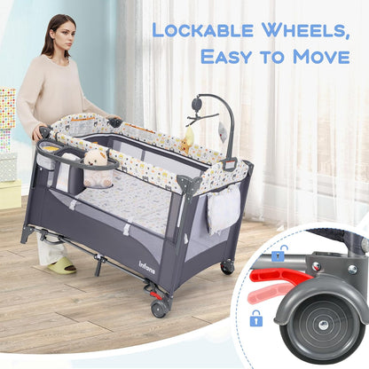 INFANS Pack and Play, 5 in 1 Baby Bedside Sleeper with Bassinet, Diaper Changer, Mattress, Carry Bag, Music Box Hanging Toys, Foldable Bedside Crib, Portable Playard for Newborn Toddlers (Gray)