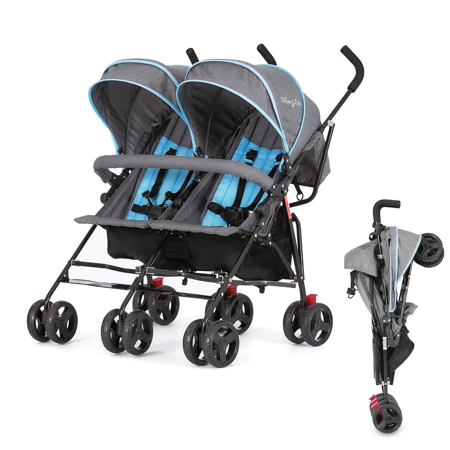 Dream On Me Volgo Twin Umbrella Stroller in Black, Lightweight Double Stroller for Infant & Toddler, Compact Easy Fold, Large Storage Basket, Large and Adjustable Canopy