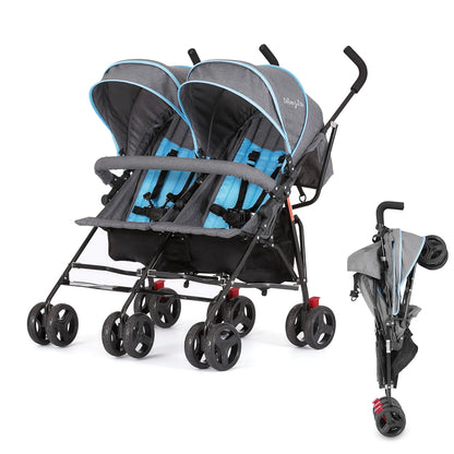 Dream On Me Volgo Twin Umbrella Stroller in Black, Lightweight Double Stroller for Infant & Toddler, Compact Easy Fold, Large Storage Basket, Large and Adjustable Canopy