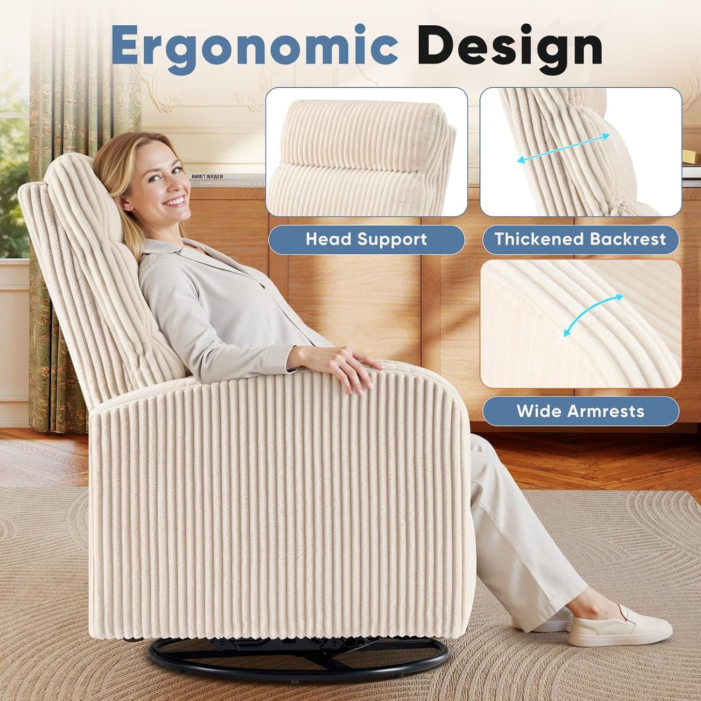 DUMOS 360°Swivel Nursery Chair, Comfy Chair for Bedroom, Rocking Chair with Thickened Seat Cushion, High Back Sofa Chairs for Living Room, Nursery Room and Reading Room, Beige