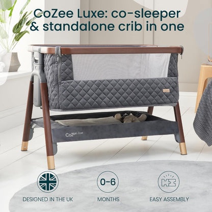 Tutti Bambini CoZee® 2-in-1 Baby Bassinet & Bedside Sleeper - Fast-Folding Bedside Bassinet, Baby Crib with 6 Mattress Heights & Breathable Mesh Window, Mattress Included, 0-6 Months (Oak & Charcoal)