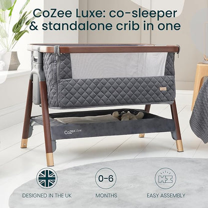Tutti Bambini CoZee® Luxe Bedside Bassinet & Sleeper - Baby Bassinets Bedside Sleeper, Portable Crib & Adjustable Crib for Newborns, Travel Case, Must-Have Baby Essentials, 0-6 Months (Walnut/Slate)
