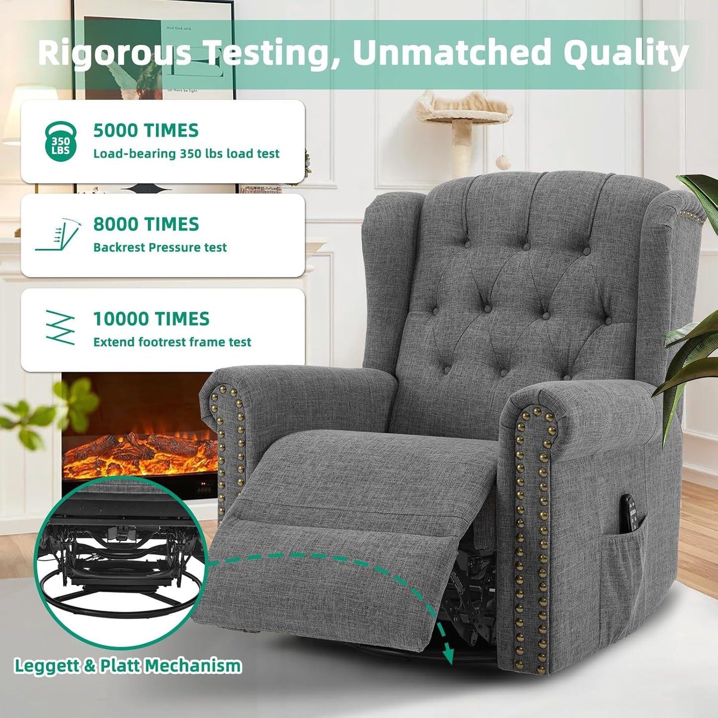 VIVIJASON Power Swivel Rocking Recliner Chair with Massage & Heat, Electric Rocker Nursery Glider Chair, Wingback Tufted Upholstered Recliner W/Type-C & USB Ports for Living Room, Bedroom, Beige