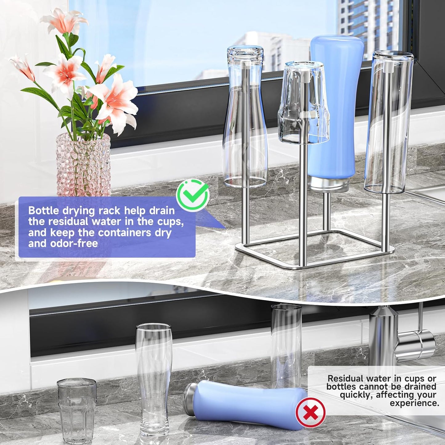 Water Bottle Drying Rack Reusable Bottle Rack Dryer Kitchen Stand Holder Metal Countertop Baby Bottle Drying Rack Water Cup Drying Rack for Plastic Bags, Bottles and Cups (Sliver, Large)