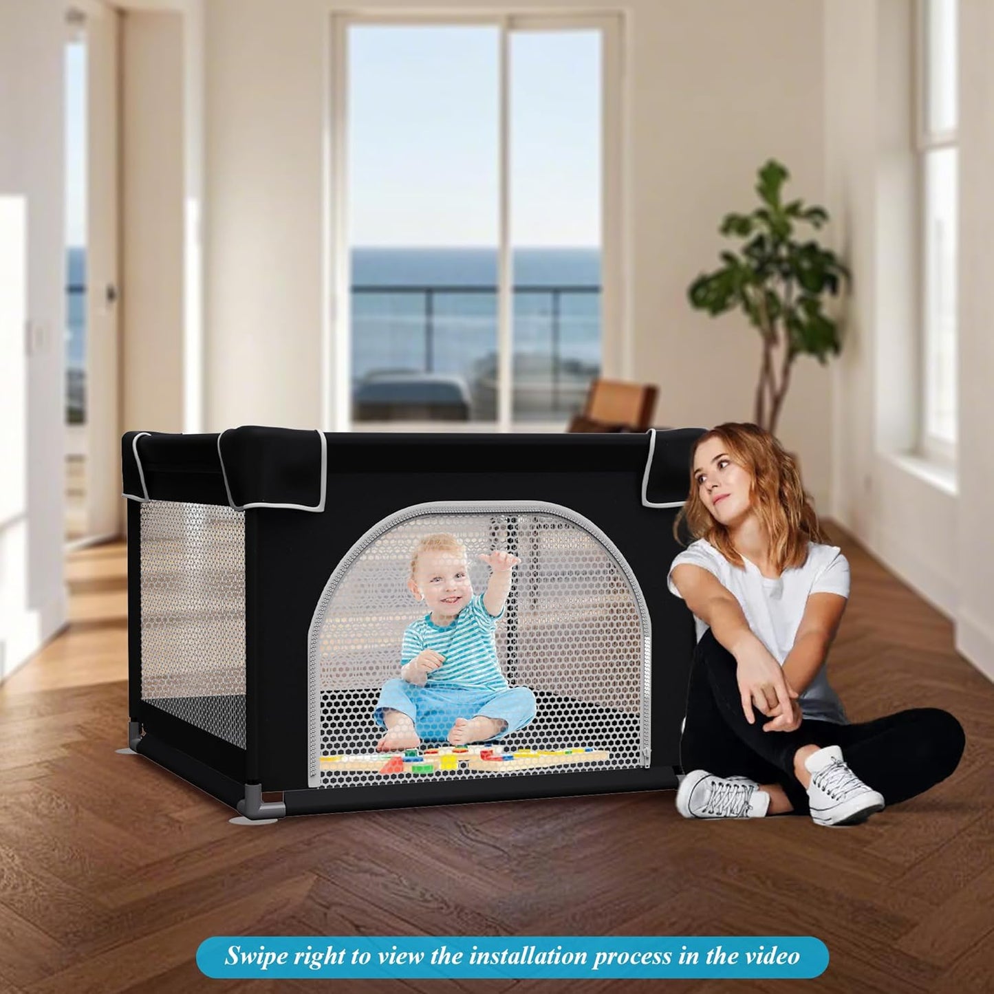 Grobeybees Playpen for Babies and Toddlers, Small Baby Playpen, Playard with Bag, Indoor & Outdoor Play Pen, Sturdy Safety Baby Play Yard with Soft Breathable Mesh(Black, 36x36 inches)
