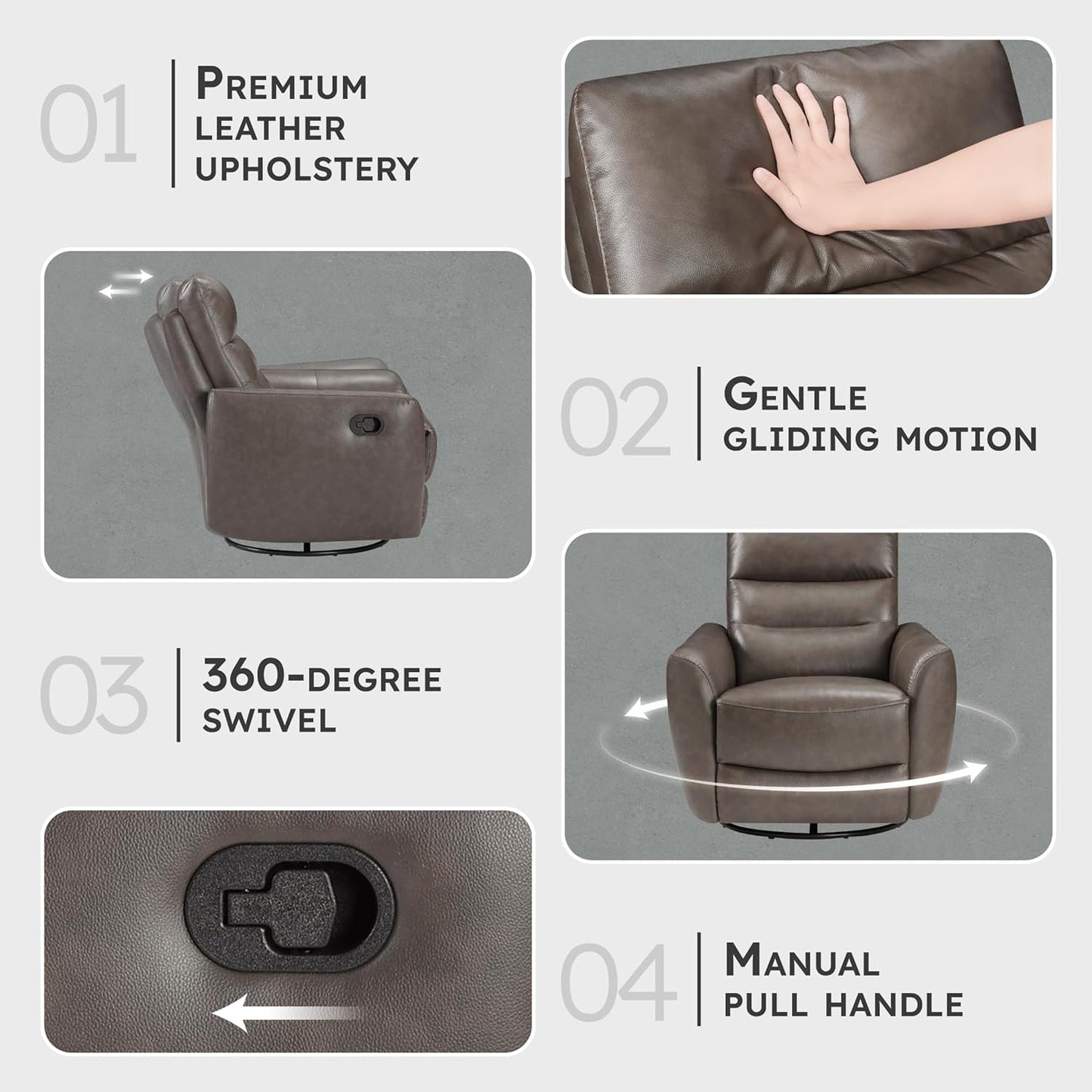 Lexicon 360 Degree Swivel Glider Reclining Chair, Manual Tab Pull Recliner, Leather Match Swivel Glider Recliner with Plush Foam, Sturdy Frame for Living Room/Office/Bedroom, Taupe