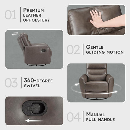 Lexicon 360 Degree Swivel Glider Reclining Chair, Manual Tab Pull Recliner, Leather Match Swivel Glider Recliner with Plush Foam, Sturdy Frame for Living Room/Office/Bedroom, Taupe