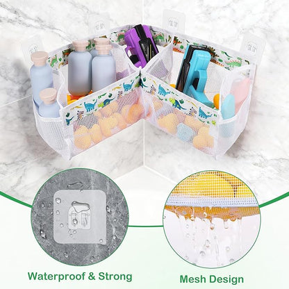 Bath Toy Storage Organizer, 3 Compartment Corner Bath Toy Holder for Tubs, Large Capacity & Quick-Drying Mesh - 4 Strong Adhesive Hooks for Easy Access