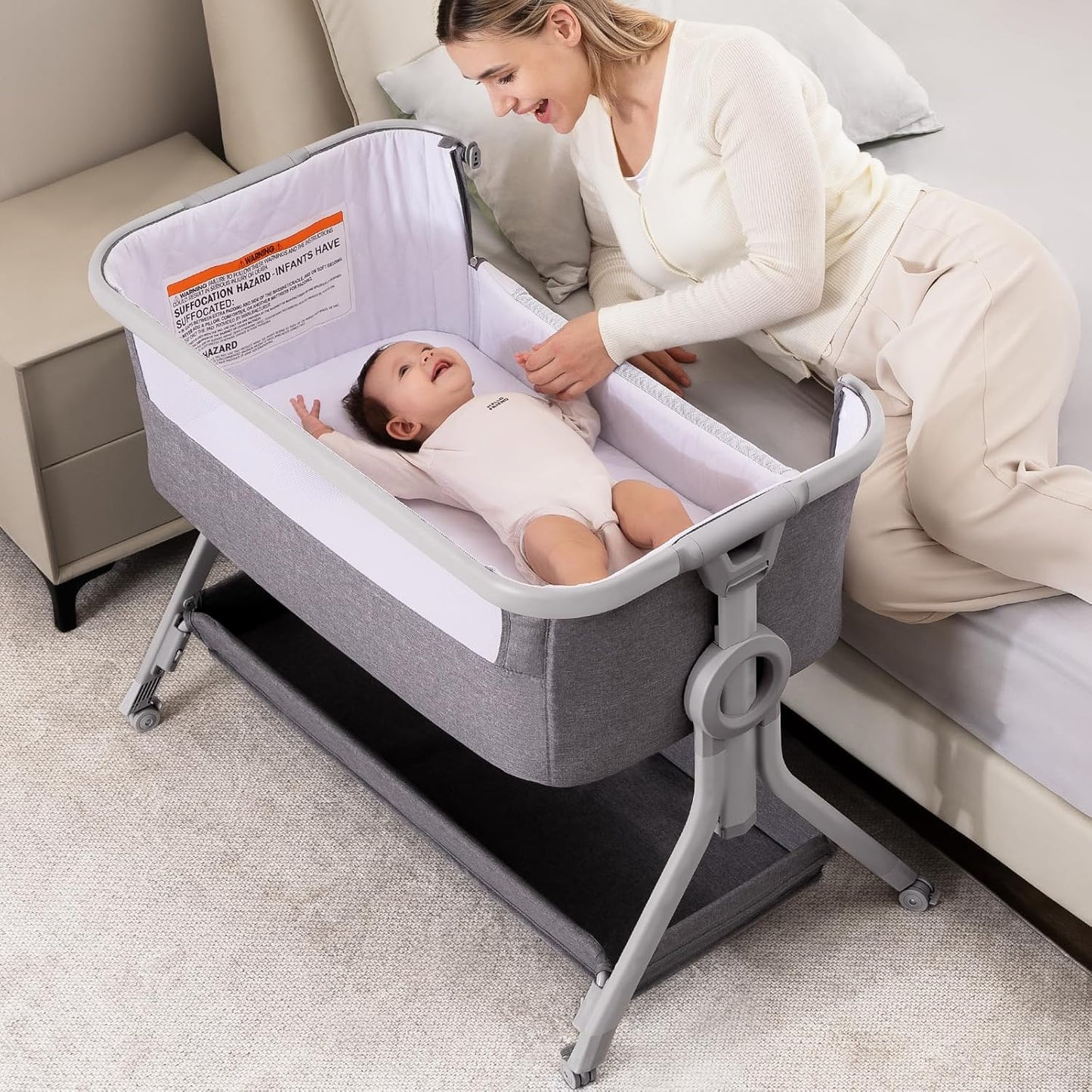 Larex Baby Bassinet Bedside Sleeper Crib Co Sleeper for Newborn Infant Toddler with Mosquito Net, Storage Bag & Basket, 5-Height Adjustable, Movable Wheels, Breathable Mattress & Mesh (Dark Gray)