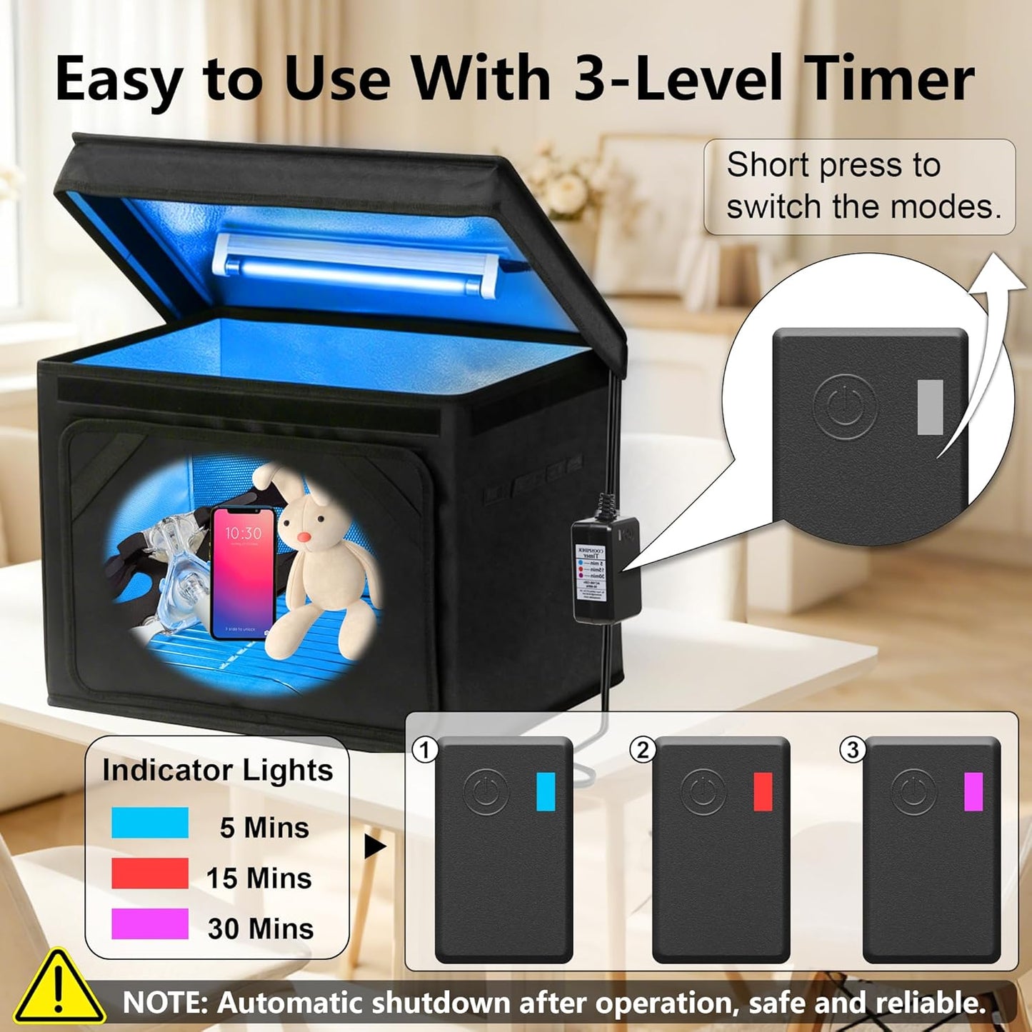 UV Sanitizer Box, 12L Portable Sanitizing and Cleaning Machine with 3-Level Timer, Foldable UV Cleaner Box for Toys, Mask, Towel, Key, UV Cleaning Machine Ozone Free