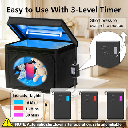 UV Sanitizer Box, 12L Portable Sanitizing and Cleaning Machine with 3-Level Timer, Foldable UV Cleaner Box for Toys, Mask, Towel, Key, UV Cleaning Machine Ozone Free