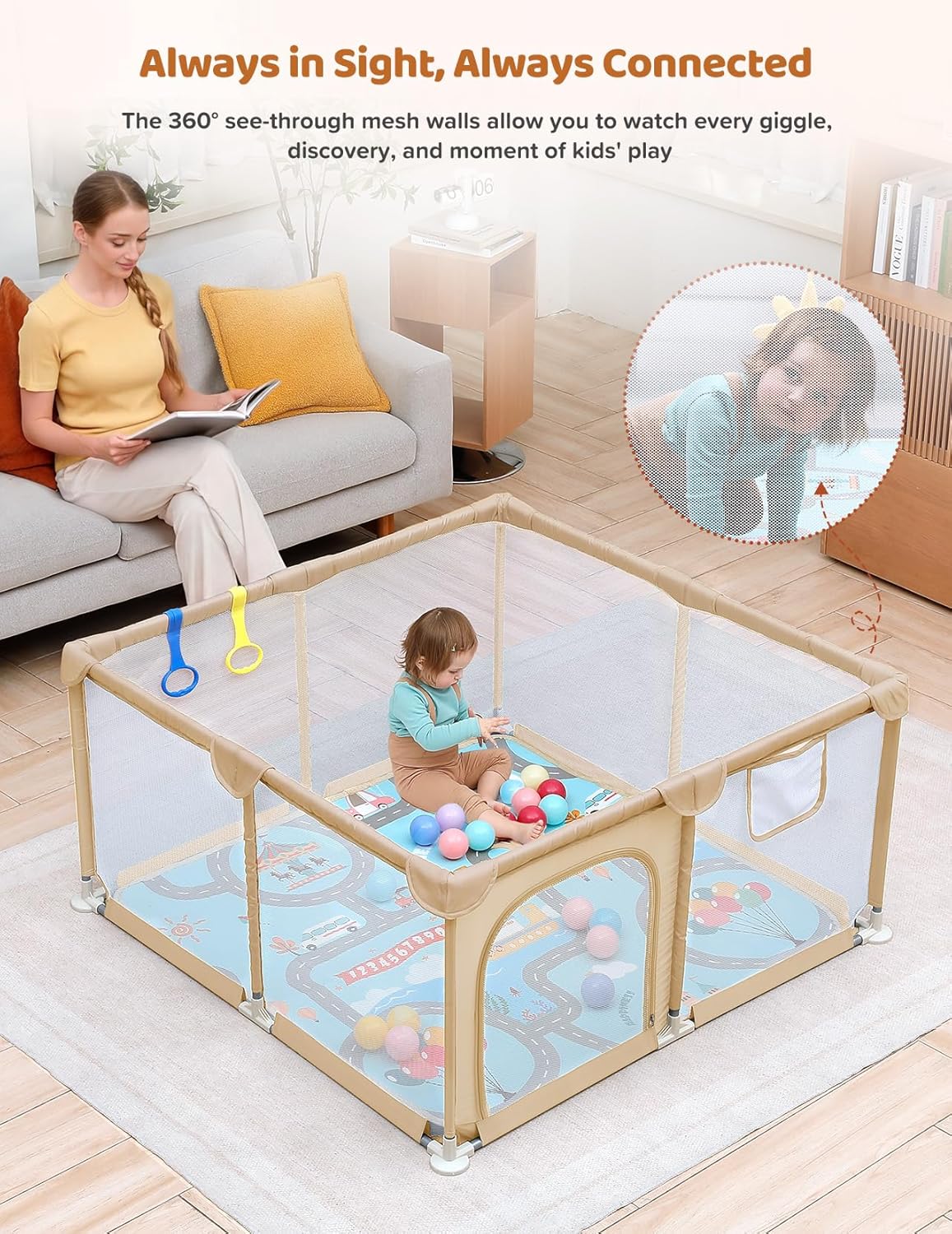 Dripex Baby Playpen, 47"x47" Small Playpen for Babies, Enhanced Safety Baby Play Yard for Indoor & Outdoor, Infant Play Pen with Soft Breathable Visible Mesh, Anti-Fall Design & Easy Setup, Grey