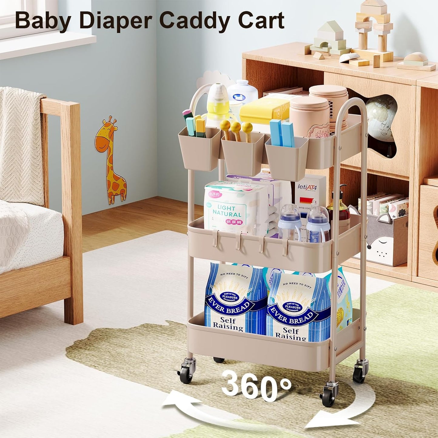 3 Tier Heavy Duty White Metal Rolling Cart with Lockable Wheels, Three Tier Roller Book Snack Cart, Utility Storage Organizer Carts for Kitchen, Bathroom, Garage, Baby Diaper, Craft, Art, Teacher