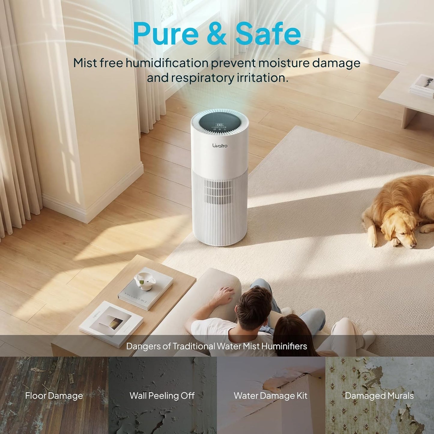 Livatro Stainless Steel Humidifier, 3L Warm Mist Humidifier, Easy Clean with Warm Steam Humidifier, Healthy Air Mist Humidifiers for Bedroom Living Room, with Sleep Mode and Auto-off Setting