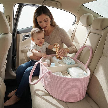 luxury little Diaper Caddy Organizer, Large Cotton Rope Nursery Baby Basket, Changing Table Organizer for Baby Diaper Storage, Portable Car Organizer Removable Divider (Light Pink, Extra Large)