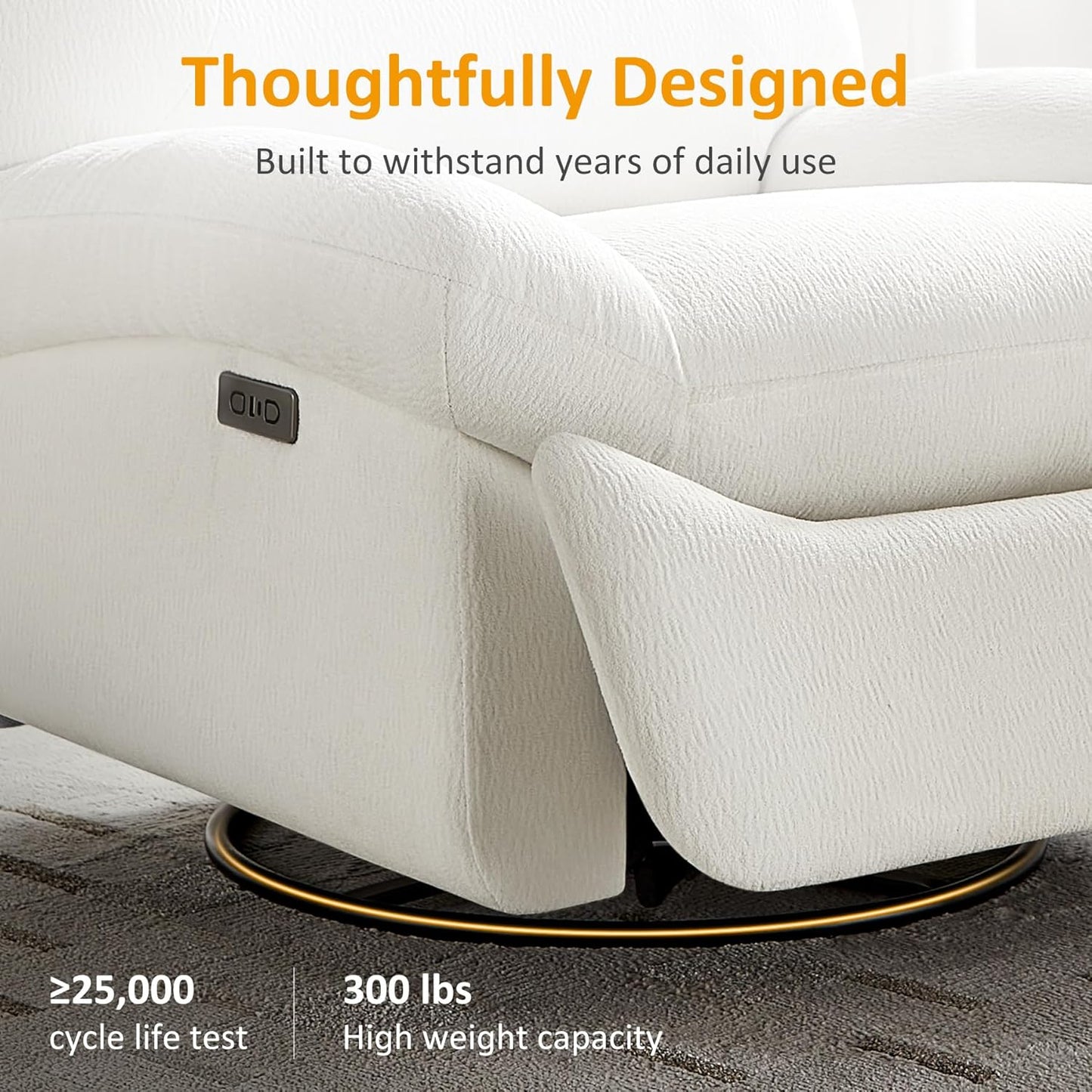 VANOMi Power Recliner Chair with USB & Type-C Charging, 270° Swivel Glider Rocker, Electric Nursery Recliner for Living Room, Bedroom, and Office, White