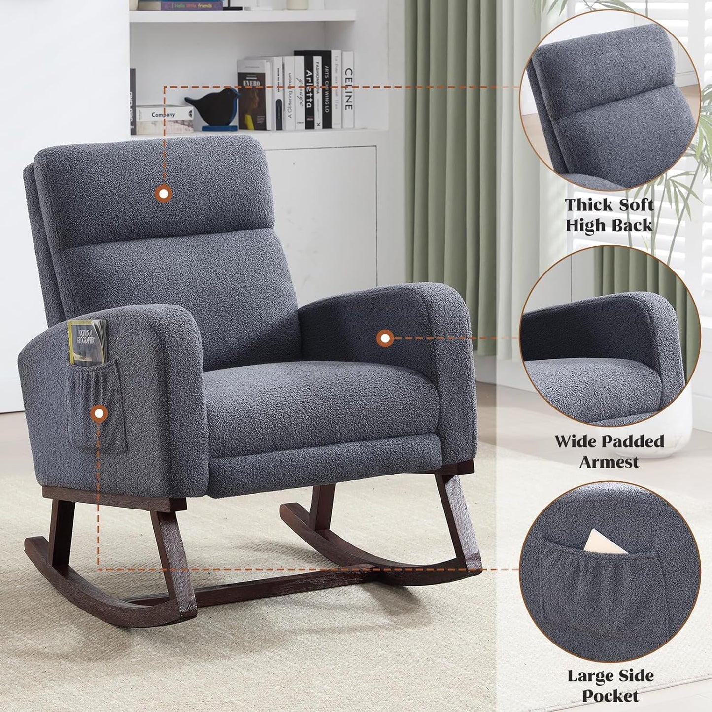 HCHAIRH Rocking Chair Nursery, Nursing Rocking Chairs with Foot Rest for Mom Nursery, Glider Rocker Chair with Footrest and High Backrest for Living Room, Bedroom, Beige