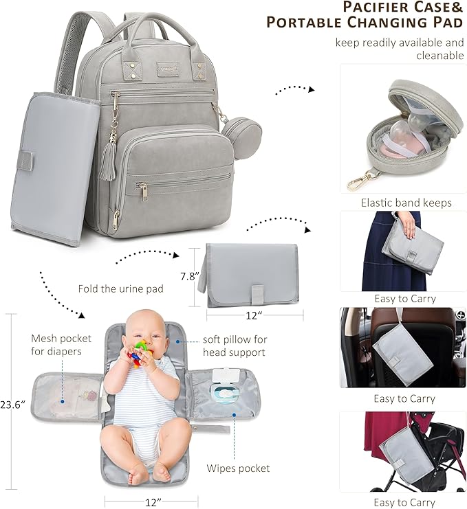 ROSEGIN Premium Vegan Leather Diaper Bag Backpack with Waterproof Changing Pad, Reinforced Zippers & Odor-Free, 20 Pockets Pro Organizer, Fits 15.6" Laptop, Stroller Straps, Baby Bag for Mom, Grey