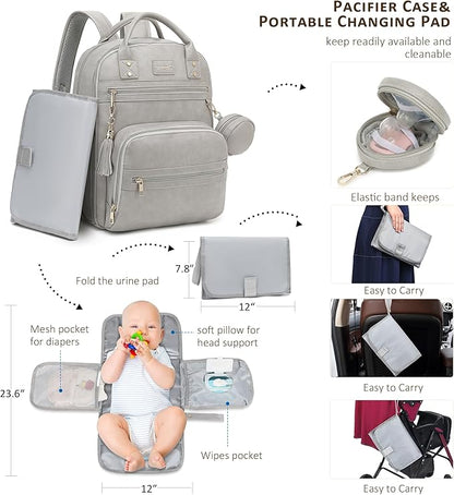 ROSEGIN Premium Vegan Leather Diaper Bag Backpack with Waterproof Changing Pad, Reinforced Zippers & Odor-Free, 20 Pockets Pro Organizer, Fits 15.6" Laptop, Stroller Straps, Baby Bag for Mom, Grey
