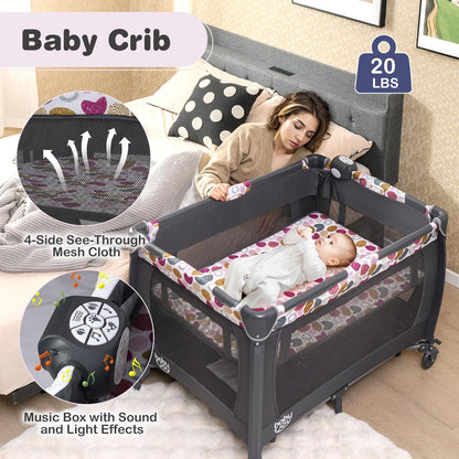 BABY JOY 5 in 1 Pack and Play, Portable Nursery Center Baby Playard w/Bassinet & Diaper Changing Table, Bag, Infant Bassinet Crib Activity Center for Baby Toddlers Indoor Outdoor (Royal Blue, Classic)