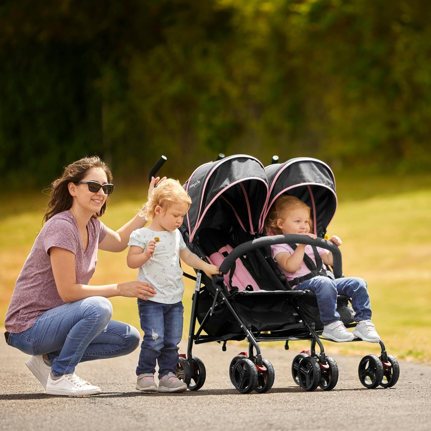 Dream On Me Volgo Twin Umbrella Stroller in Black, Lightweight Double Stroller for Infant & Toddler, Compact Easy Fold, Large Storage Basket, Large and Adjustable Canopy
