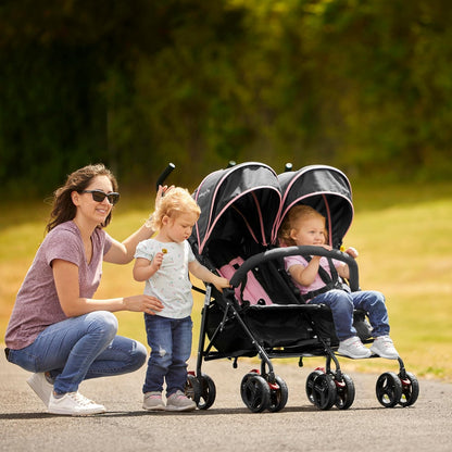 Dream On Me Volgo Twin Umbrella Stroller in Black, Lightweight Double Stroller for Infant & Toddler, Compact Easy Fold, Large Storage Basket, Large and Adjustable Canopy