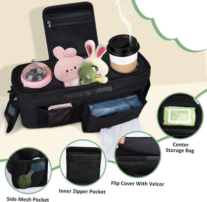 INFANZIA Universal Adjustable Stroller Organizer with Insulated Cup Holders, Phone Bag & Detachable Shoulder Strap, Fits Uppababy, Doona, Britax, Jogging Strollers and Most Baby Strollers (Black)