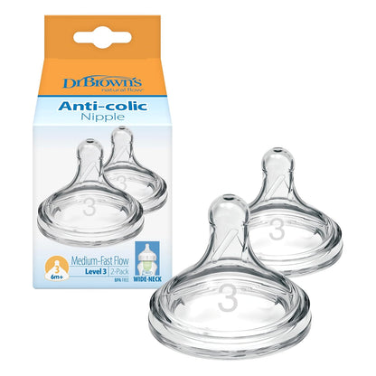 Dr. Brown’s Natural Flow® Level 2 Wide-Neck Baby Bottle Silicone Nipple, Medium Flow, 3m+, 100% Silicone Bottle Nipple, 6 Pack