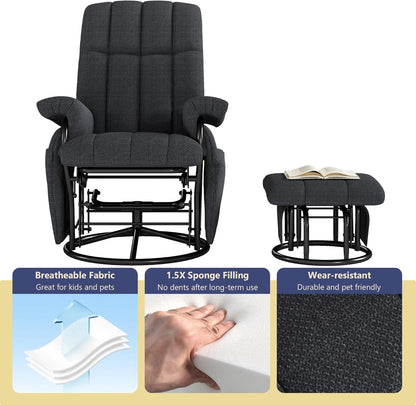 AODAILIHB 360° Swivel Glider Recliner with Ottoman, Nursing Glider Rocking Chair with Foot Rest & 2 Side Pockets for Nursery, Living Room, Bedroom, Office, White