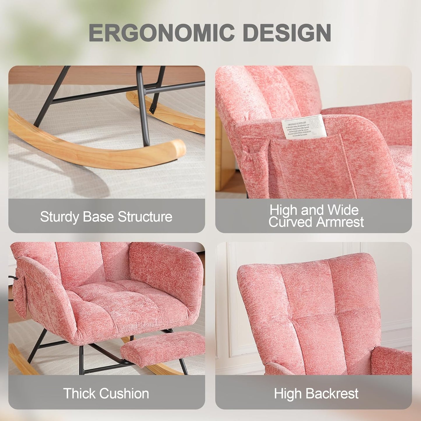 Rocking Chair Nursery with Airbag, Comfy Modern Nursery Rocking Reading Chair indoor with Footrest, Cozy Upholstered Glider Rocker Chairs for Living Room Bedroom Offices(Chenille, Dark Grey)
